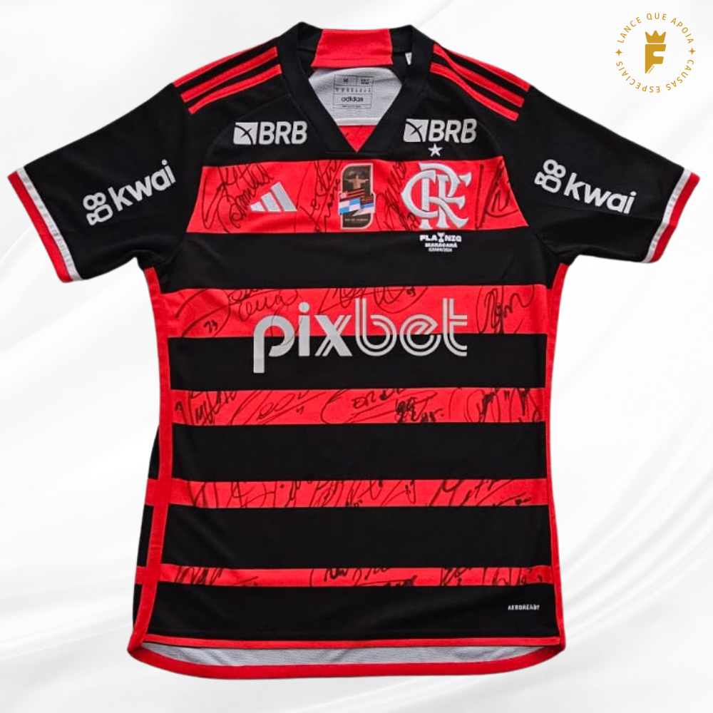 Camisa Flamengo, vers jogo, Final Carioca 2024 autografada elenco campeão e copa do Brasil