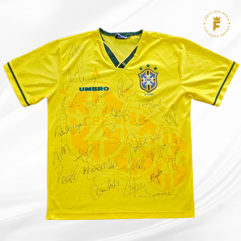 Camisa Brasil, Copa do Mundo 1994 oficial da época, autografada por todo elenco tetracampeão e técnico Parreira.