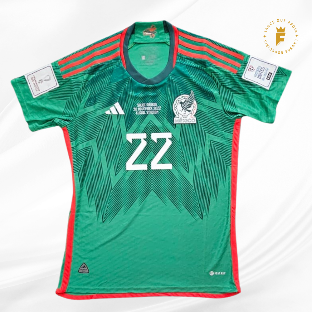 Camisa México Copa do Mundo da FIFA 2022, vers jogador N22, autografada Lozano.