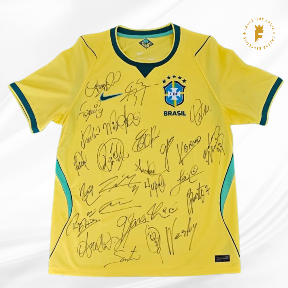 Camisa Brasil 2026-27, autografada elenco amistosos e técnico Ancelotti