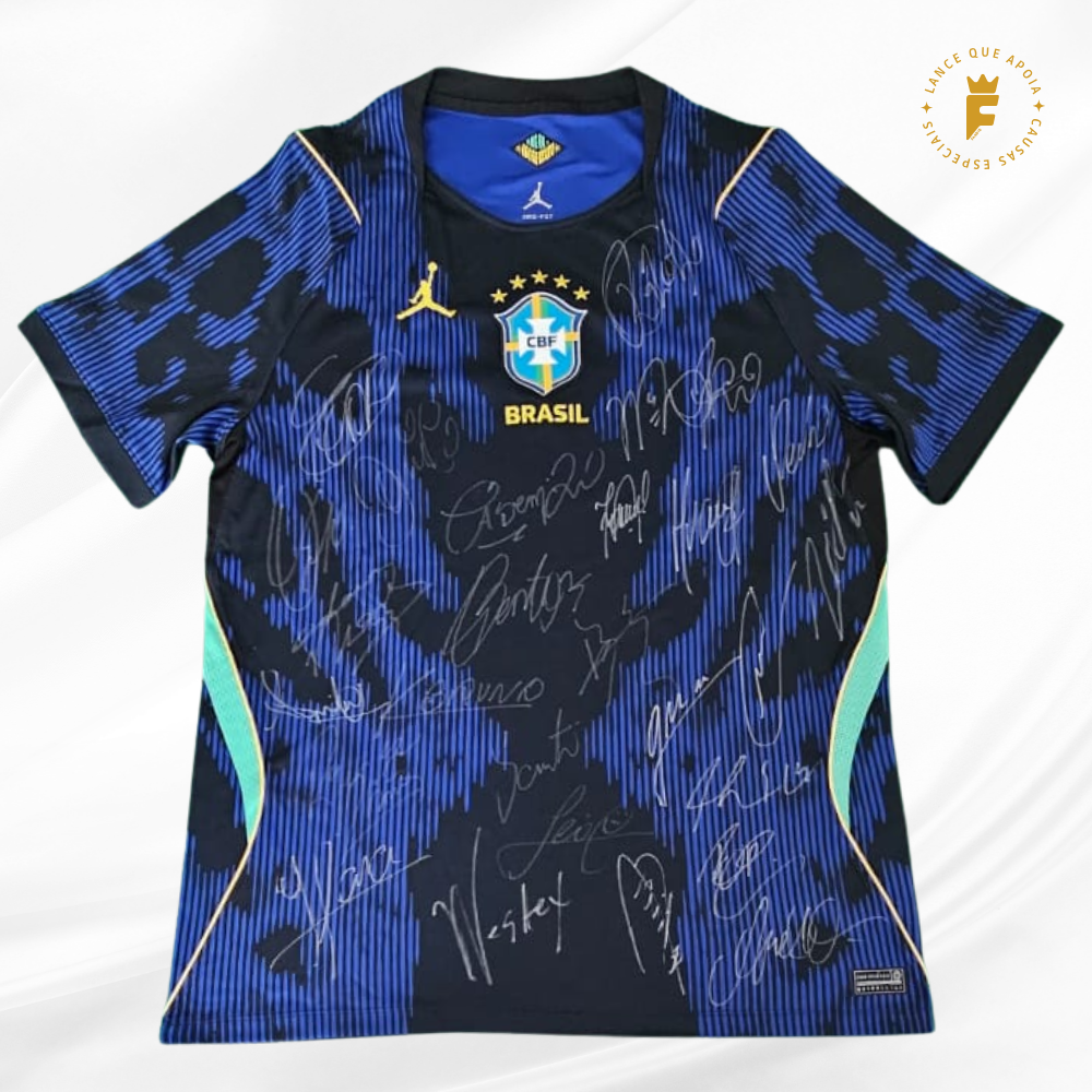Camisa Brasil 2026-27, Jumpman,  autografada elenco amistosos e técnico Ancelotti