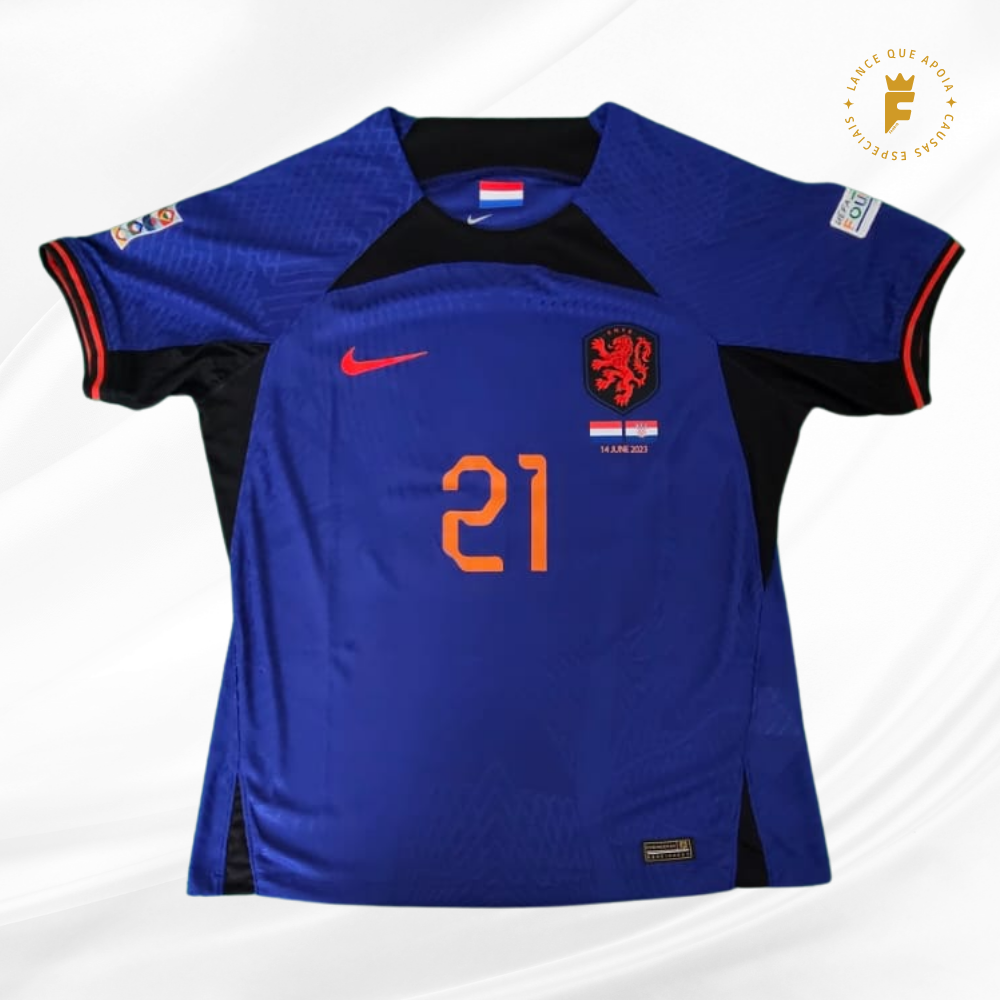 Camisa Holanda semifinal da Liga das Nações da UEFA 2023, vers jogador, N21 autografada Frenkie de Jong