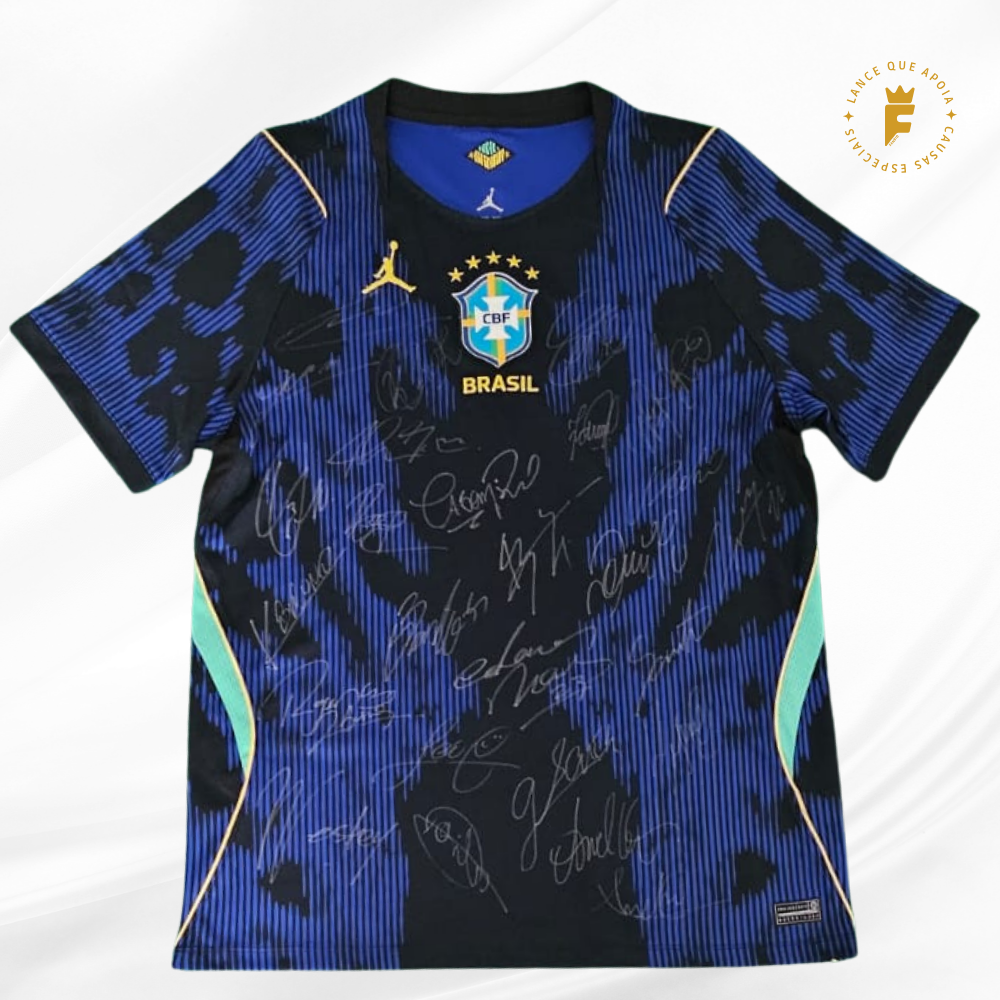 Camisa Brasil 2026-27, Jumpman Jordan,  autografada elenco amistosos e técnico Ancelotti