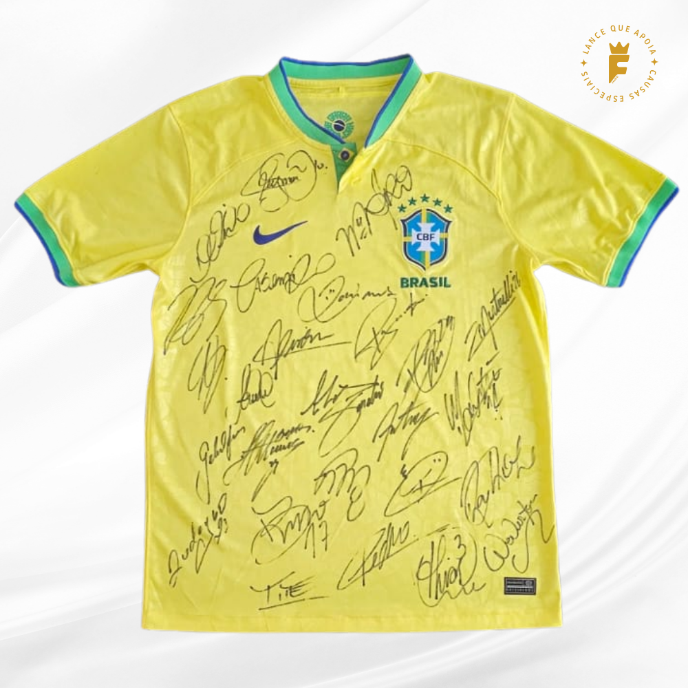 Camisa Brasil Copa do Mundo 2022, versão torcedor s/n autografada todos jogadores do elenco e técnico Tite.