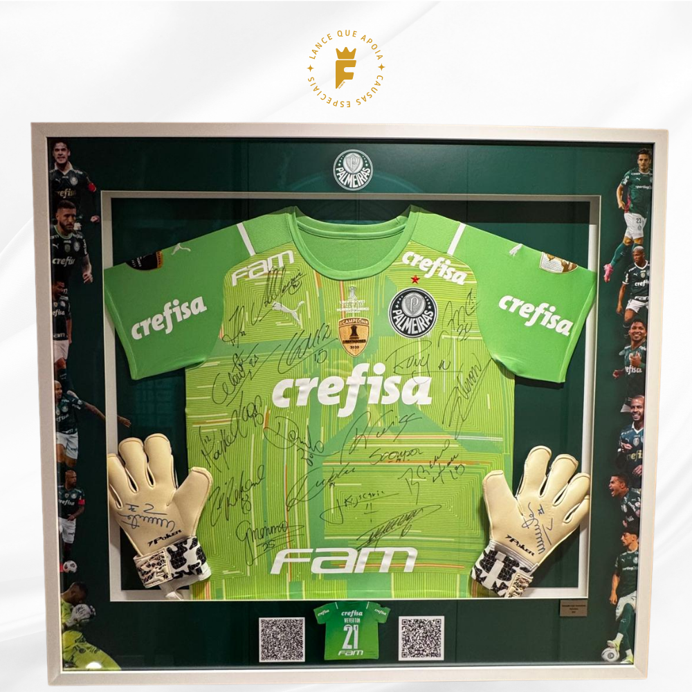 Camisa Palmeiras 2021 – Goleiro – Versão de Jogo Final da Libertadores: Palmeiras 2 x 1 Flamengo Autografada por jogadores campeões e por Abel Ferreira Inclui luvas autografadas por Weverton 