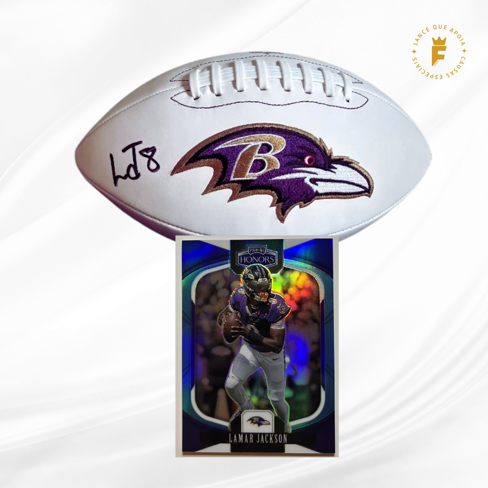 Bola futebol americano NFL, autografada Jackson e card Lamar Jackson 2025 Panini Baltimore Ravens