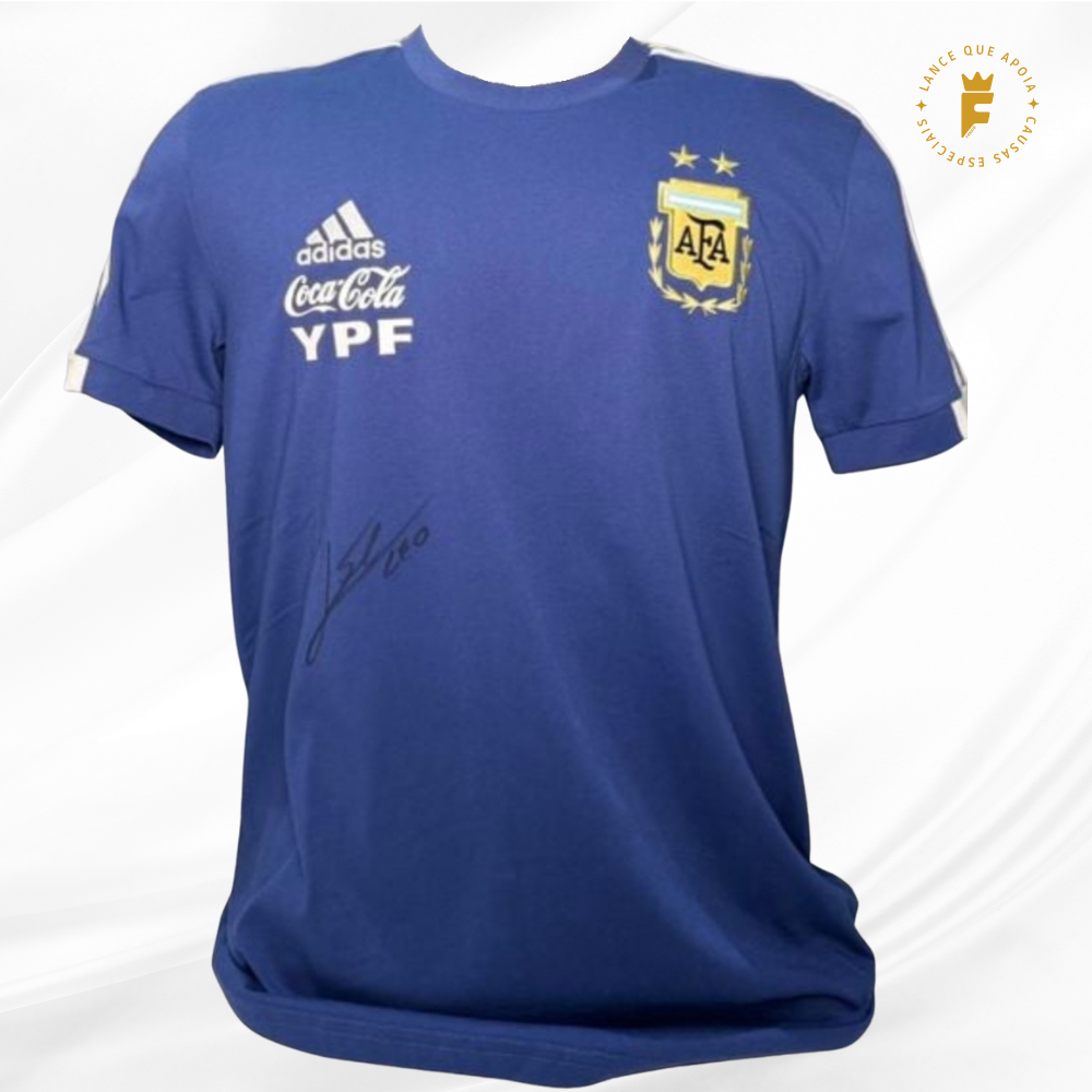 Camisa Argentina, vers viagem, autografada Messi