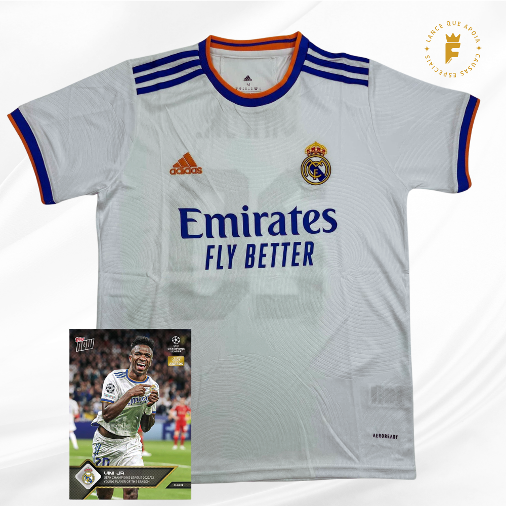 Camisa Real Madrid 2021-22, N20, autografada Vini Jr e card Topps Now