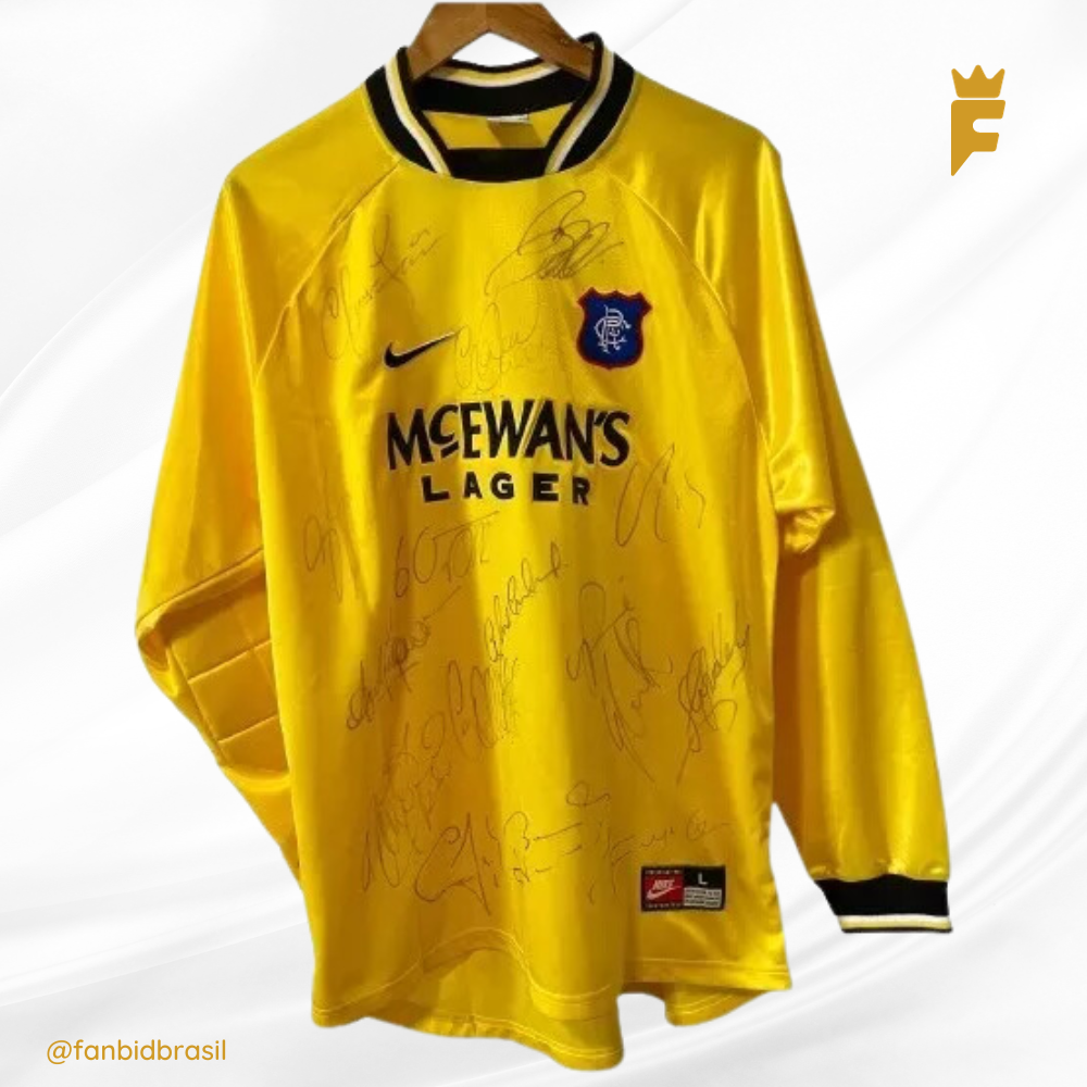 Camisa oficial Glasgow Rangers 1997/99 Klos Autografada Elenco, JOGO