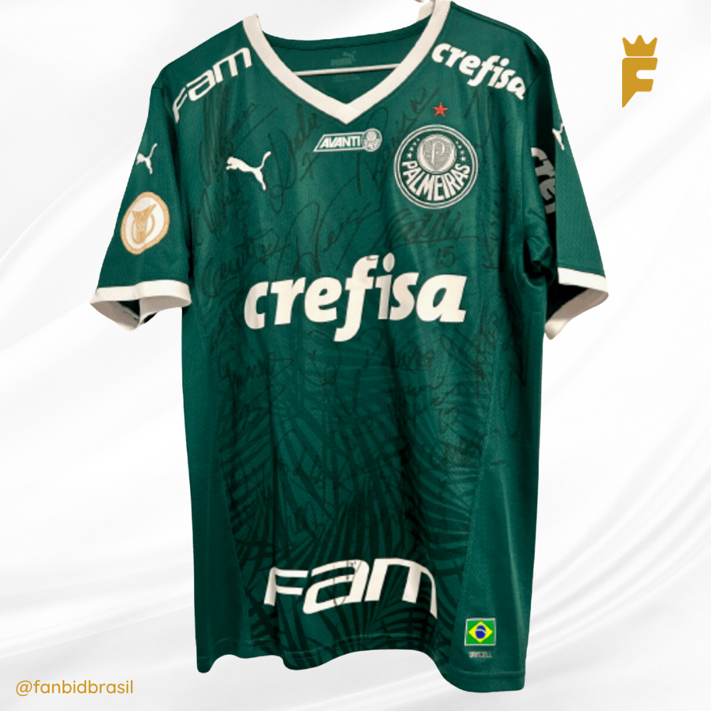 Camisa oficial do Palmeiras autografada todos do elenco campeão Brasileiro 2022 e Abel Ferreira, de jogo