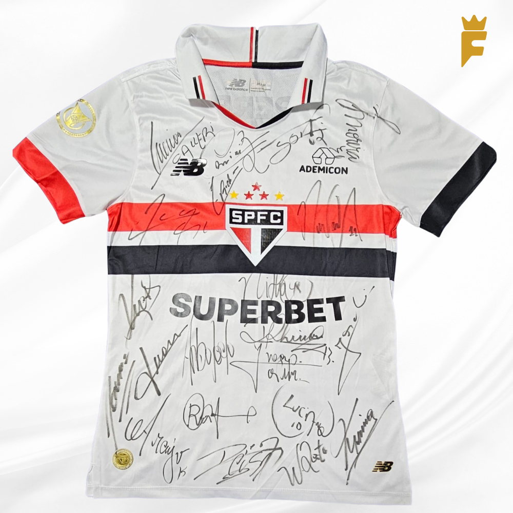 Camisa oficial do São Paulo 2024, Lucas 7, modelo jogador, autografada todo elenco