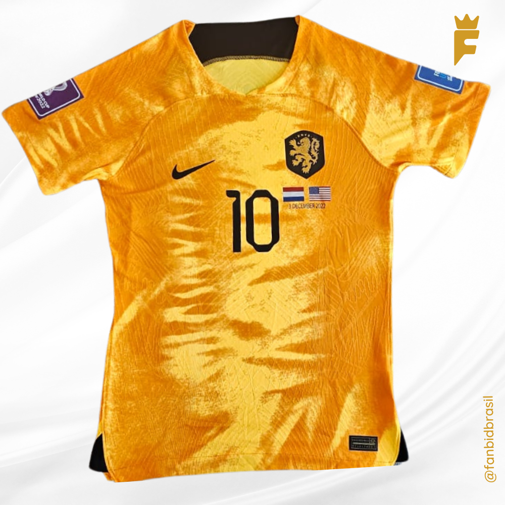 Camisa Holanda Copa do Mundo 2022, autografada Memphis Depay, de jogo