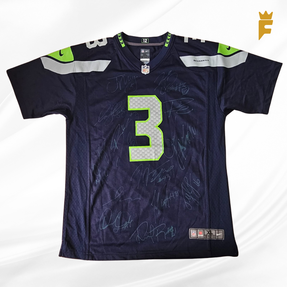 Camisa Seattle Seahawks azul 2018-2019 autografada 14 jogadores do elenco