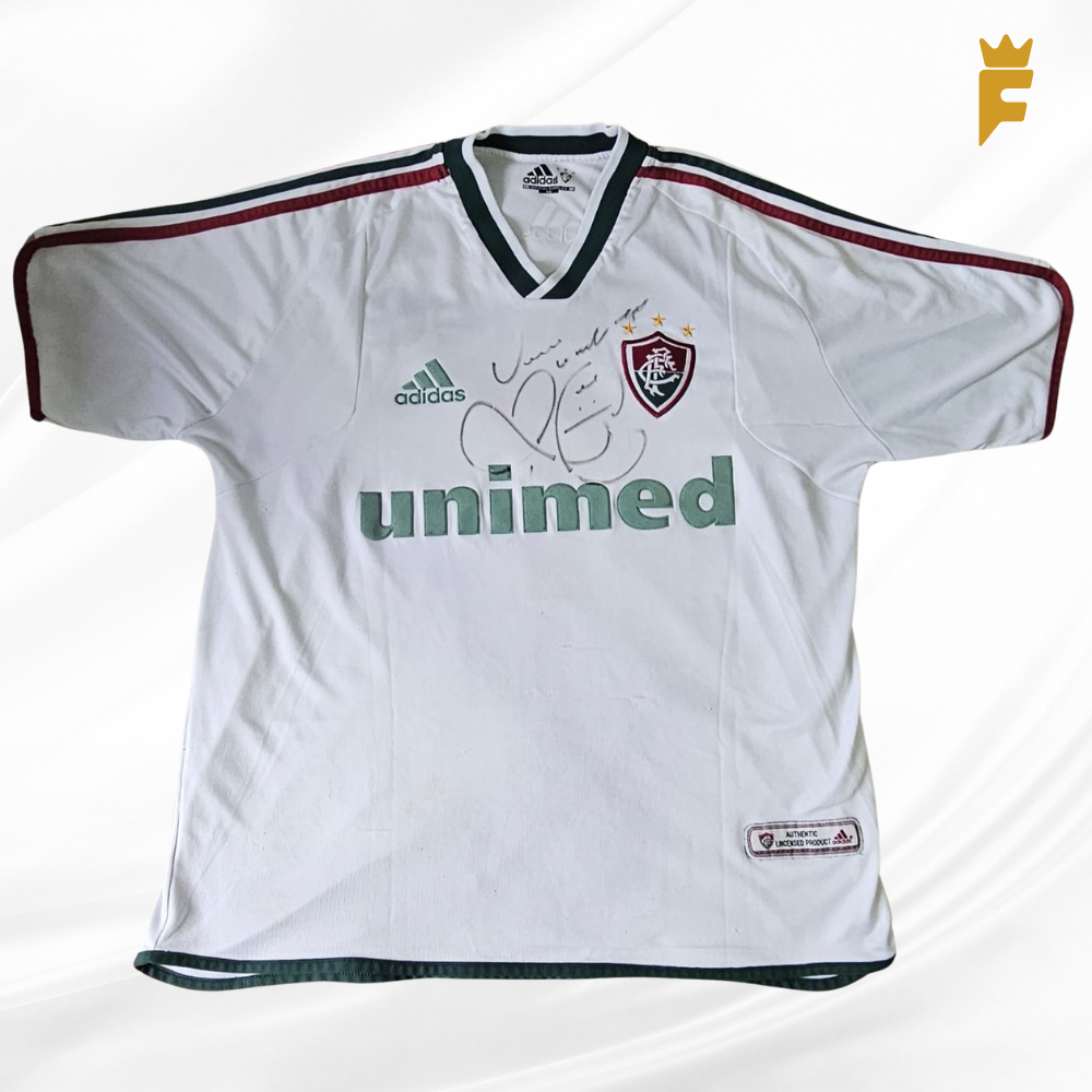 Camisa oficial Fluminense 2001/02 da época, autografada Romário