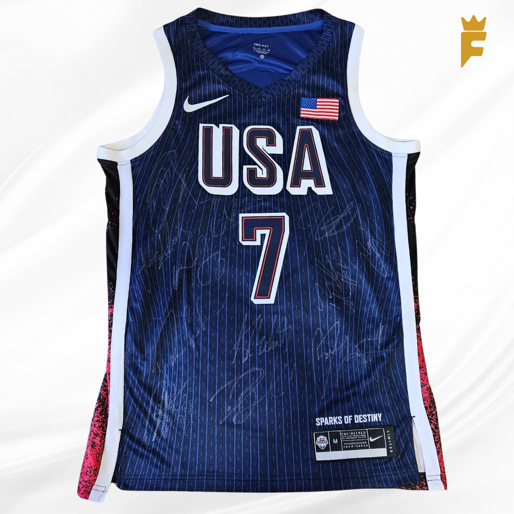 Camisa original Estados Unidos 2024 – Basquete(Dream Team) N7, autografada 12 atletas campeões olímpicos 2024