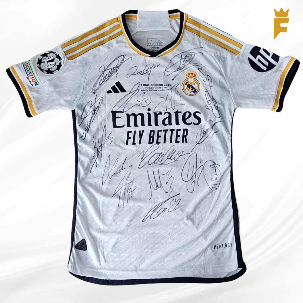 Camisa Real Madrid, vers de jogo, UEFA Champions League 2023/24, autografada todo elenco campeão