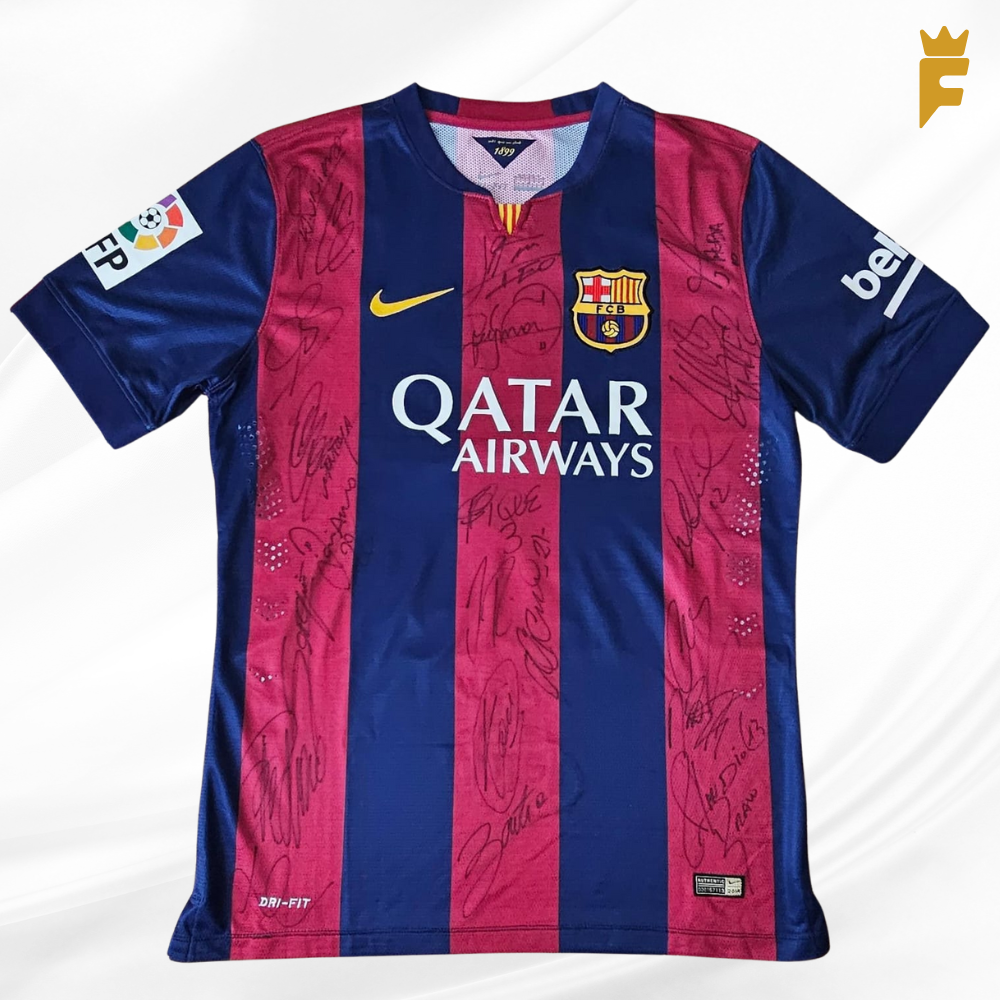 Camisa Barcelona 2014/15 , vers de jogo, autografada elenco campeão Tríplice coroa La Liga, Champions League, Copa del Rey