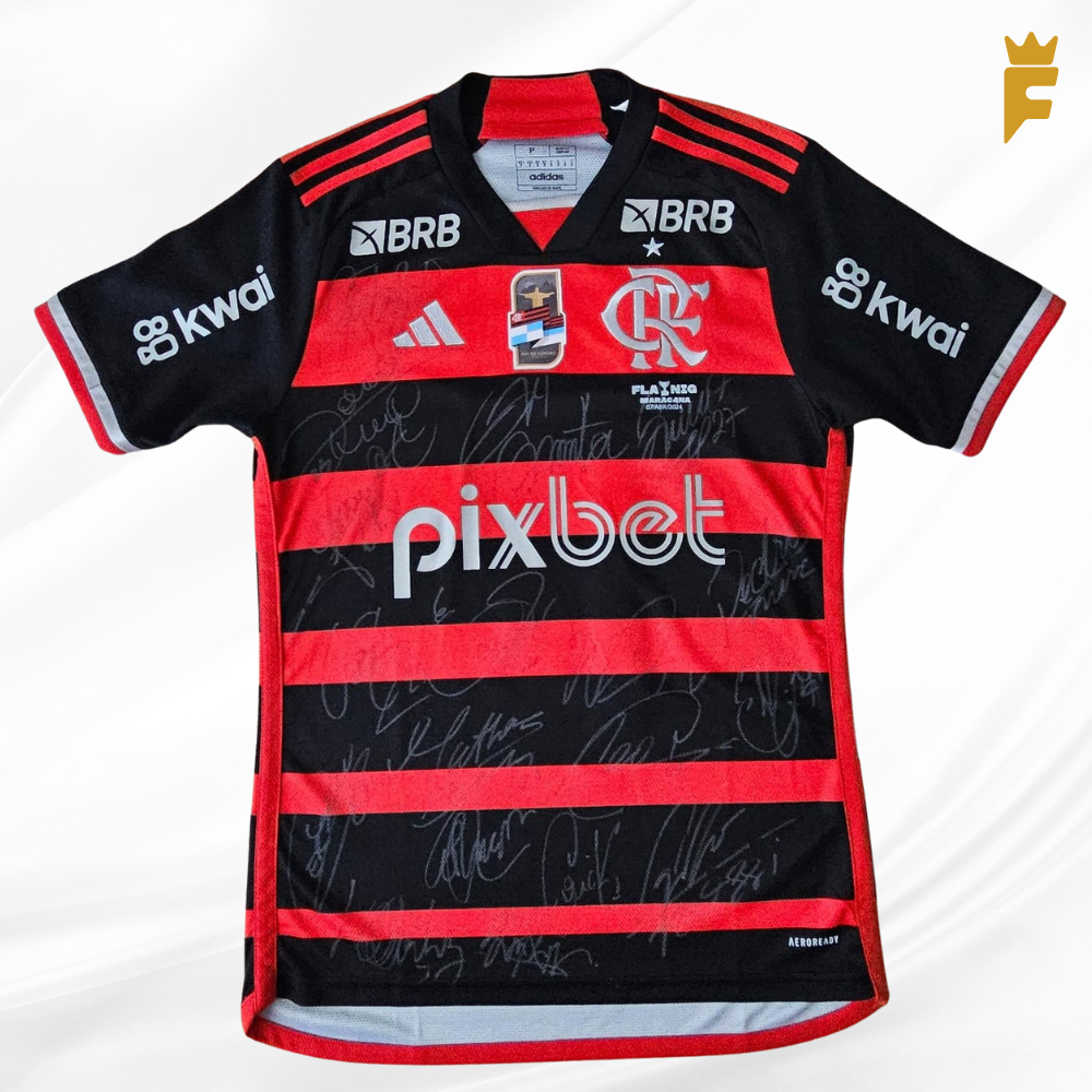 Camisa Flamengo, vers jogo, Final Carioca 2024 autografada, elenco campeão