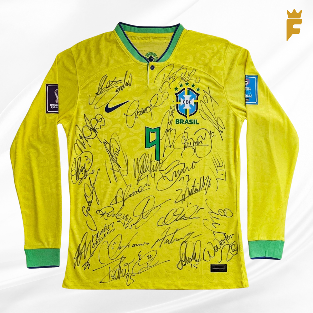 Camisa Brasil Copa do Mundo 2022 Qatar, vers jogador, autografada elenco