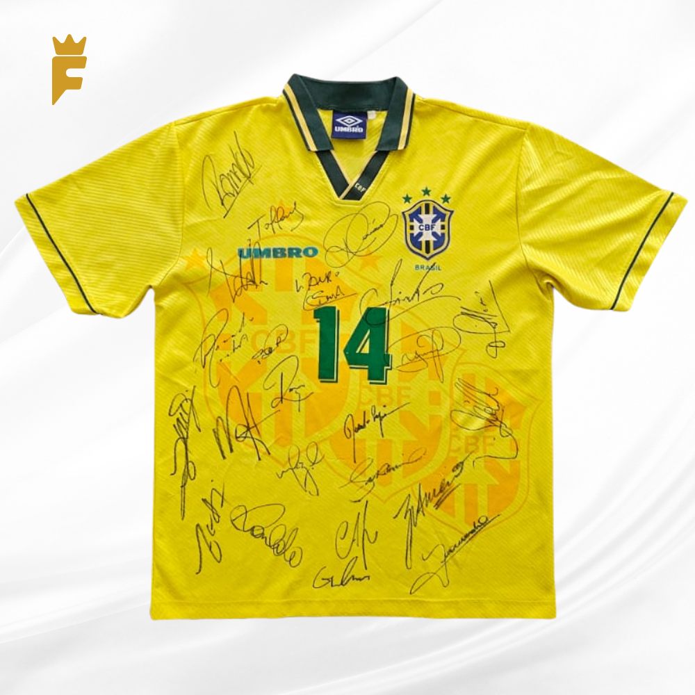 Camisa Brasil, Copa do Mundo 1994 oficial da época, N14, autografada por todo elenco tetracampeão e Parreira