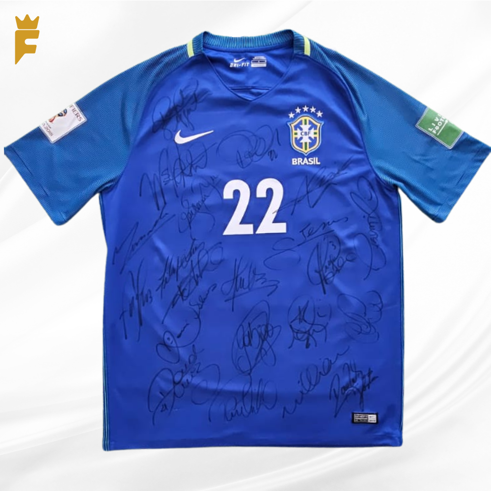 Camisa Brasil 2016 vers jogador eliminatórias Copa 2018, autografada 21 jogadores, alguns campeões olímpicos 2016