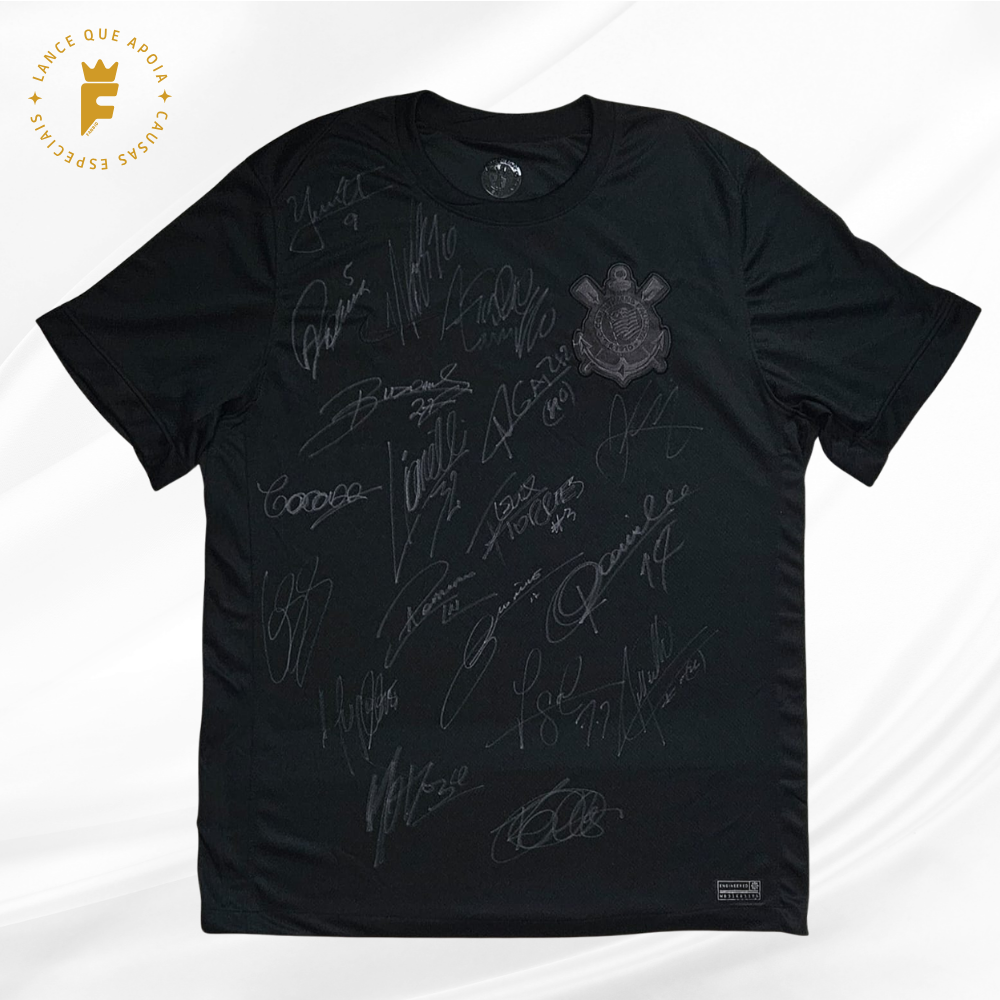 Camisa oficial do Corinthians II blackout 2024, autografada todo elenco