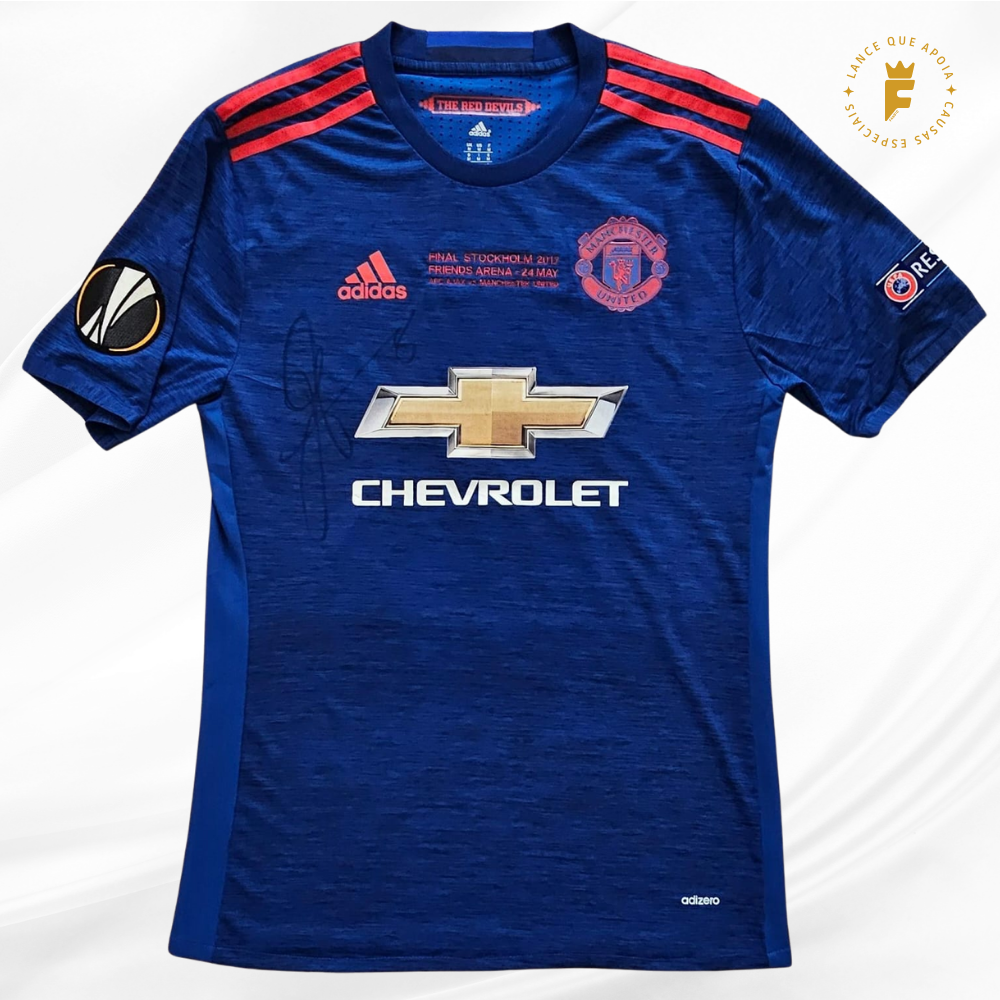 Camisa Manchester Final Europa League 2017, vers jogo, autografada Mata 